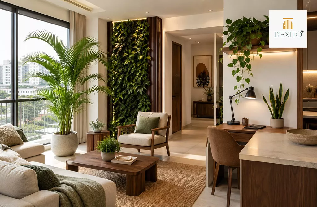 Biophilic flat interior with vertical plant wall, areca palm, and natural wood furniture - D'Exito Hyderabad.