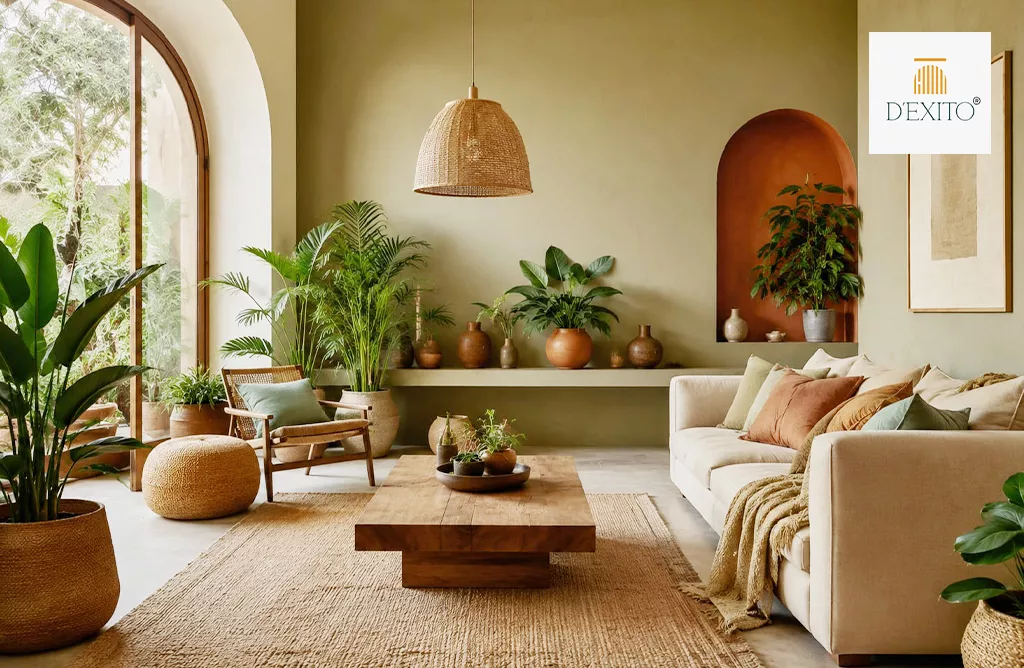 Nature-inspired apartment interior with natural light, wooden furniture, and indoor plants—D'Exito, best interior designers in Hyderabad