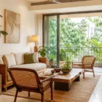 Biophilic interior design living room with indoor plants, a jute rug, and wooden furniture — D'Exito Interior Designers, Hyderabad.