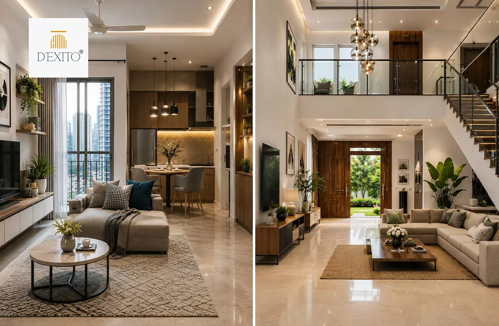 Flat Interiors vs Independent House Interiors Comparison Showing Modern Apartment and Home Design Ideas.