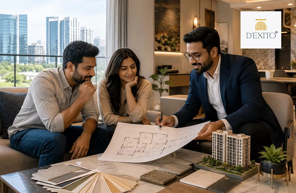 Interior Decorators in Hyderabad Discussing Flat Design with Material Samples