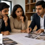 Professional architects and interior designers in Hyderabad reviewing project plans