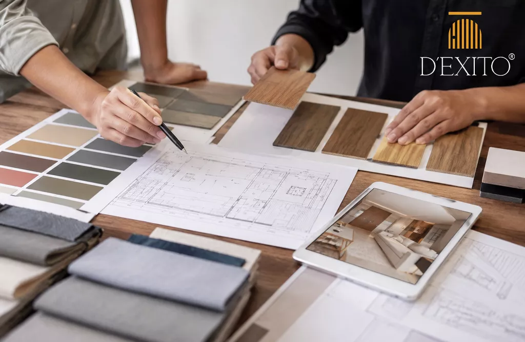 Turnkey interior companies in Hyderabad planning designs with material samples