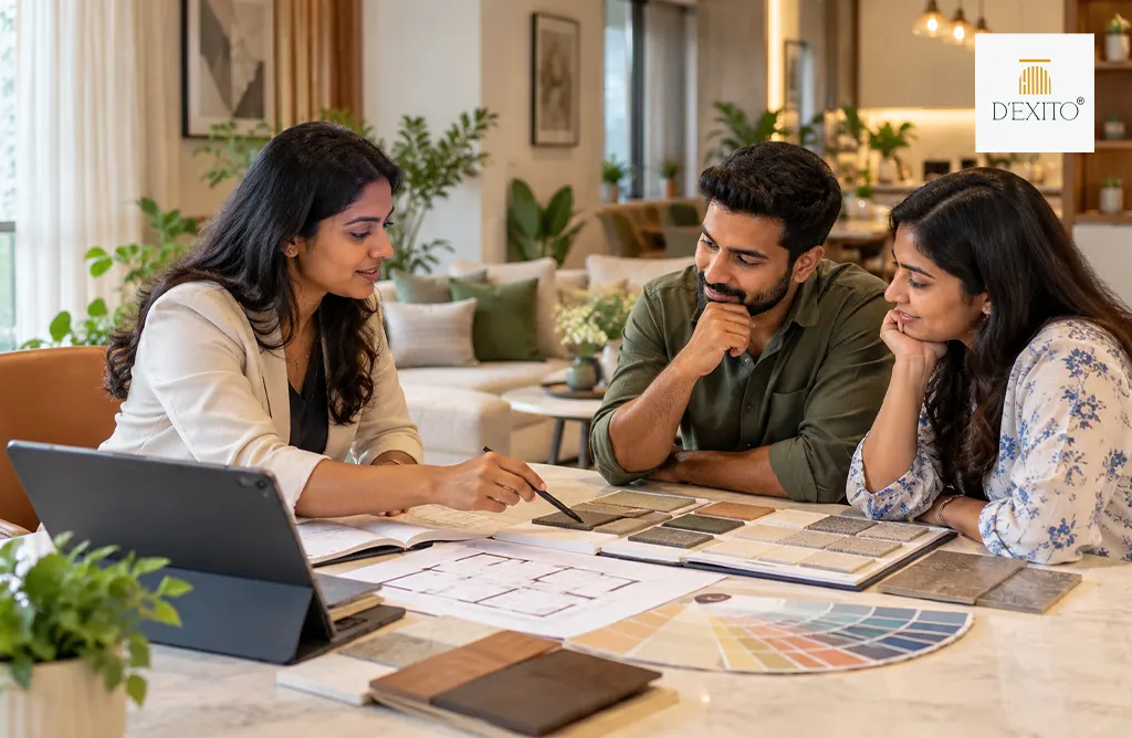 Interior Designers in Hyderabad Discussing Materials and Home Design.