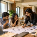 Commercial turnkey interior design planning meeting by D'Exito, one of the best turnkey interior designers in Hyderabad for offices and retail spaces.