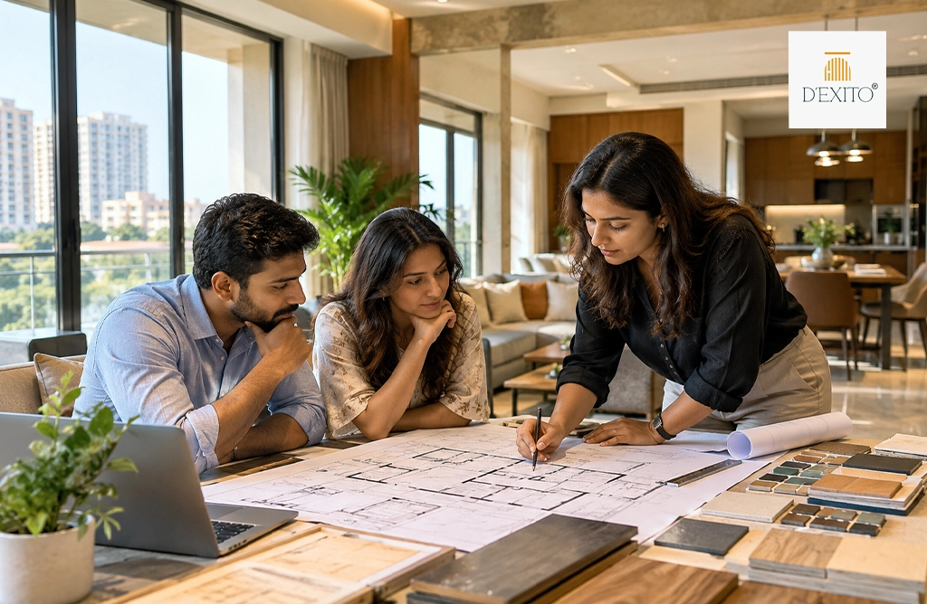 Commercial turnkey interior design planning meeting by D'Exito, one of the best turnkey interior designers in Hyderabad for offices and retail spaces.