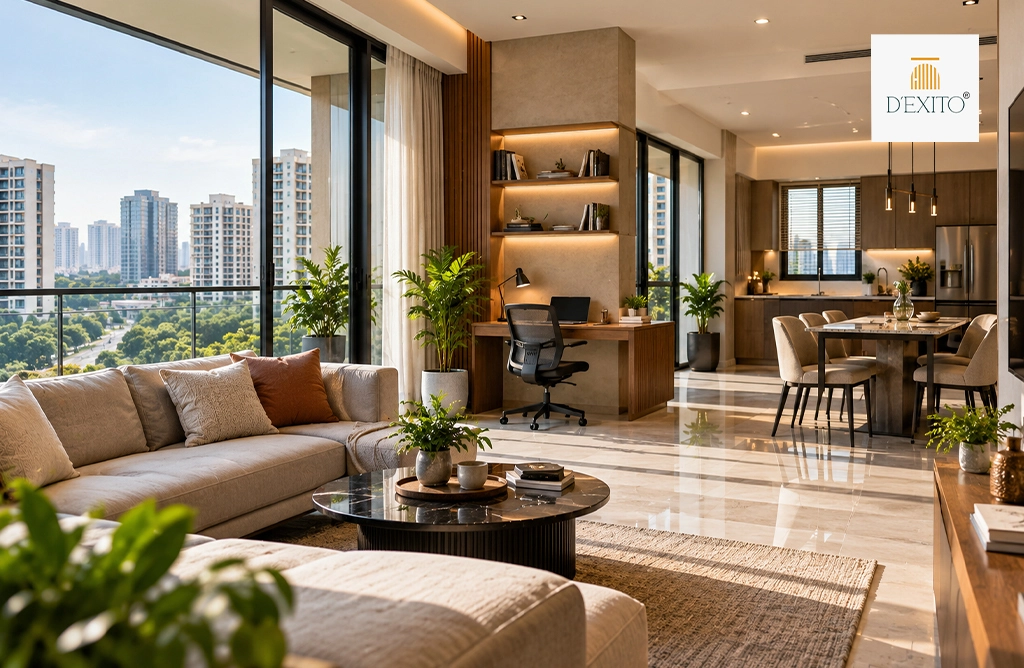 Best Interior Designers in Gachibowli Creating Functional Open-Plan Home Interiors with Workspace Integration and Natural Lighting. 