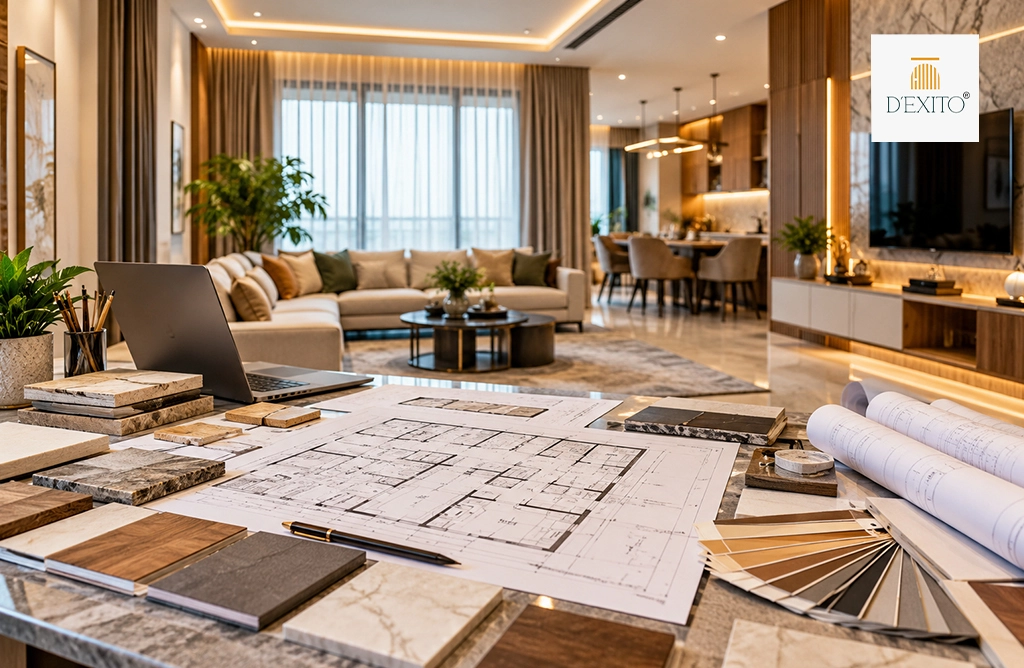 Flat Interior Designers in Hyderabad Reviewing Floor Plans, Material Samples, and Luxury Living Room Concepts Before Project Execution. 