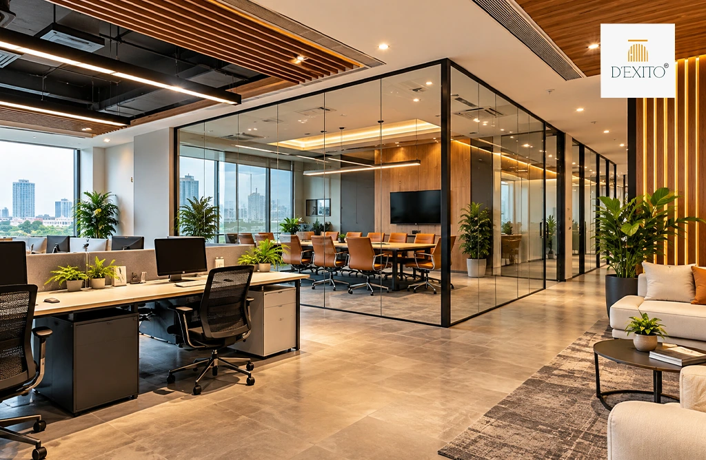 Modern office interior completed by turnkey interior designers in Hyderabad featuring collaborative workspaces and glass meeting rooms.